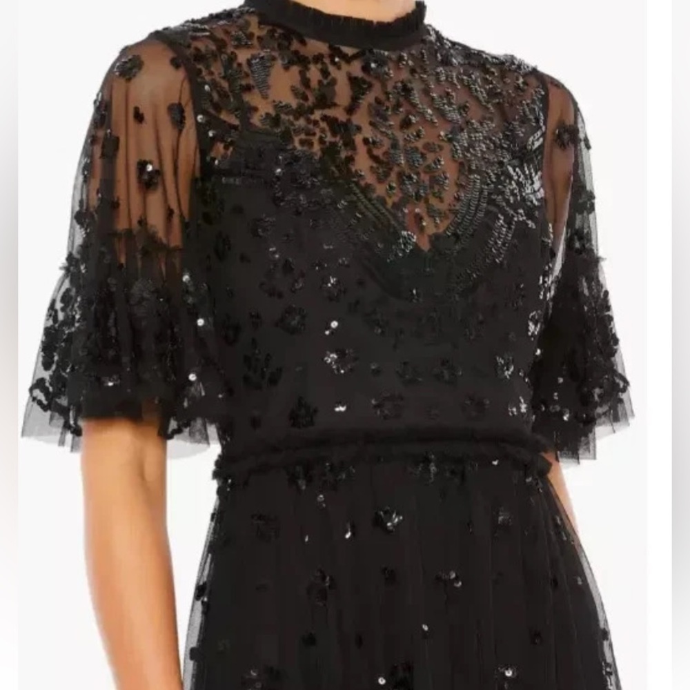 Mac Duggal Black Sequin Embellished Long Sleeve Illusion Bodice Gown